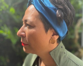 Adjustable Mulberry silk satin Peacock Blue turban headband Christmas stocking filler gift