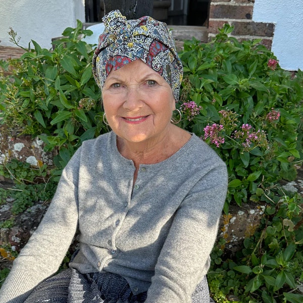 Schicke Damen Tana Lawn Turban Baumwolle Lawn oder Seide gefüttert Hut Liberty traditionellen Paisley mehrfarbigen Bonnet Chemo Alopecia Hut Haarausfall