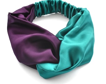 Adjustable Mulberry silk Aubergine and Turquoise Split adjustable turban headband Christmas stocking filler gift