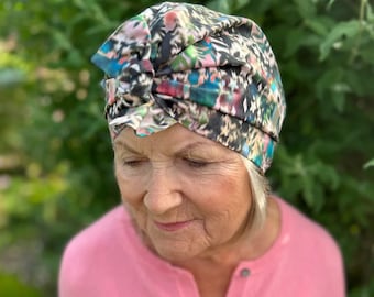 Chic unusual Ladies Turban Liberty Print abstract Tana Lawn Sleep Hat Chemo Alopecia hair-loss