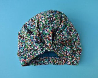 Silk turban for Sleeping - 100% Silk or Cotton lined - Turban hat in Green Spotty Reflections Liberty of London print
