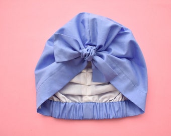Cornflower blue Turban hat Bonnet headscarf knotted bow with pure silk or cotton lined sleeping cap for fashion chemo alopecia hair loss