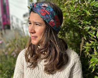 Winter wool Twisted turban headband  in vintage Bright  Floral Liberty Lantana wool cotton-mix ear-warmer