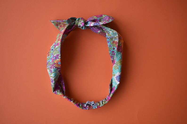 retro in foxglove floral pink purple blue flowers Liberty of London print Bow head tie and headband