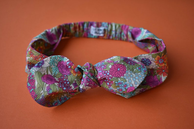 retro in foxglove floral pink purple blue flowers Liberty of London print Bow head tie and headband