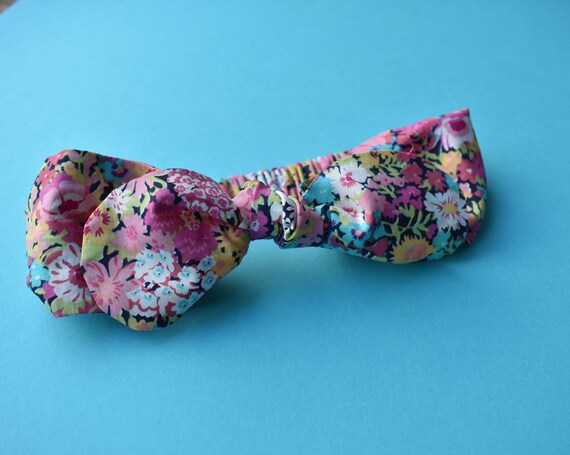 retro in foxglove floral pink purple blue flowers Liberty of London print Bow head tie and headband