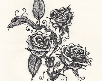 Roses and Snake Ink Drawing