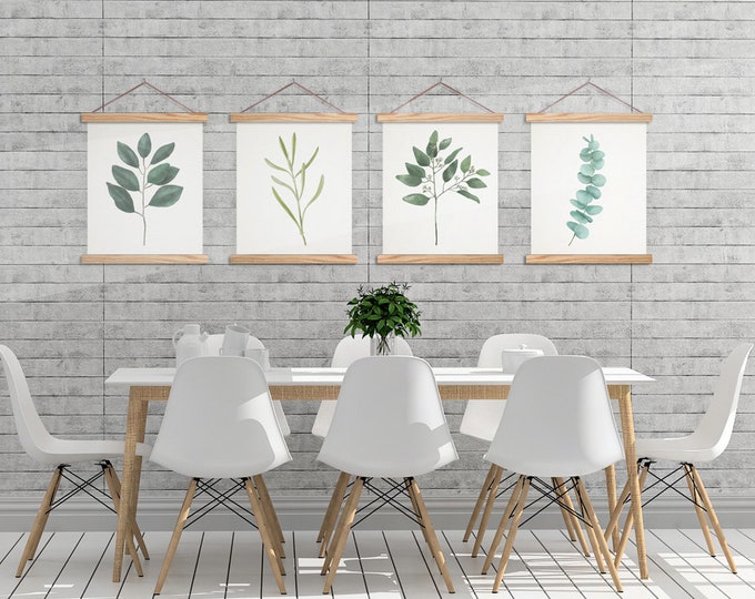 Watercolor Plant Set of 4 - Printed on Cotton Canvas - with Oak Hanging Hanger Frames-panel