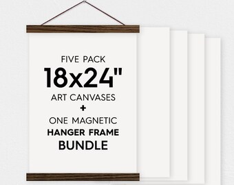 18x24" Canvas Bundle - Pack of 5 Blank Canvas Sheets and Magnetic Wood Hanger Frame