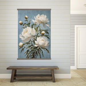 Hallway Large Canvas Wall Art - White Peonies Blue Background