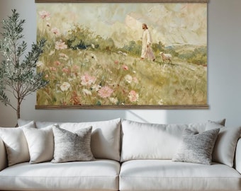 Lamb Following Jesus Christ Wildflowers - Oversized Jesus Tapestry Wall Art - Extra Large Canvas Wall Hanging - XL