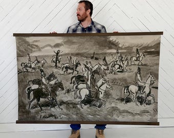 Vintage Horse Abstract Painting - Black and White - Unique Large Wall Art - Horse Trail Ride - XL