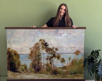 Extra Large Modern Vintage Wall Art Painting - Scenic California Style Ocean and Land Landscape - Sea Behind Trees - XL
