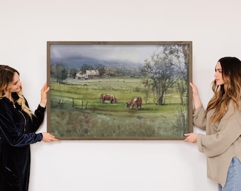 Cows Grazing - Farmhouse Wall Art - Framed Animal Canvas Art