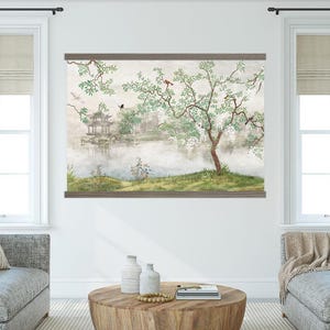 Chinoiserie Tree Tapestry- Chinese Art Scroll- Large Hanging Canvas with Wood Frame