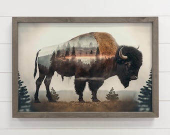 Bison Trees Double Exposure -Wood Framed Wildlife Canvas Art