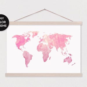 Roze verf wereldkaart met houten posterhanger - verwisselbare lijst - canvaskaart - grote posterlijst - grote kunstafdruk - canvas KUNST