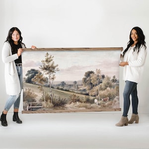 Farmhouse House Decor Large Canvas of Vintage Painting of Cows and Pastoral Hills