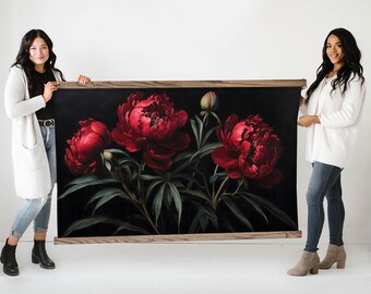 Dark Moody Wall Art - Dark Red Peonies Tapestry Wall Art - XL