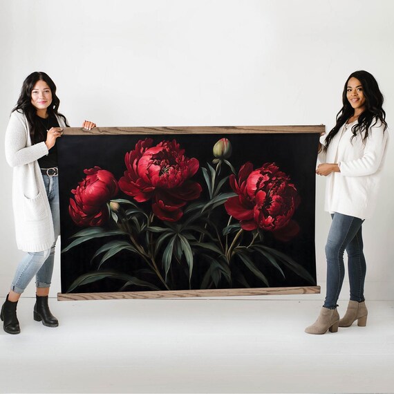 Dark Moody Wall Art - Dark Red Peonies Tapestry Wall Art - XL