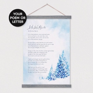 Custom Poem - Blue Winter Pines Watercolor - with Gray Wood Poster Hanger - Any pix or text