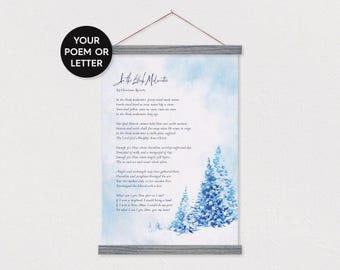 Custom Poem - Blue Winter Pines Watercolor - with Gray Wood Poster Hanger - Any pix or text