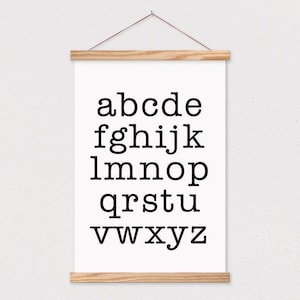Alphabet Nursery-Typewriter Alphabet Canvas Print with Wooden Poster Hanger-Nursery Print- Baby Girl Room- Baby Room Decor-Toy Room Decor