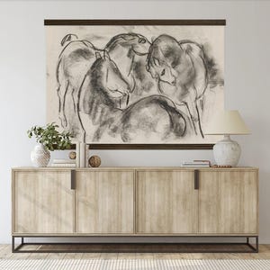 HUGE Hanging Canvas Tapestry- Charcoal Horses - Modern Vintage Abstract
