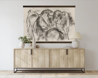 HUGE Hanging Canvas Tapestry- Charcoal Horses - Modern Vintage Abstract