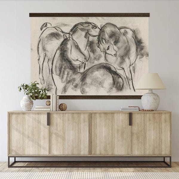 ENORM hangend canvas wandtapijt - houtskool paarden - modern vintage abstract - XL