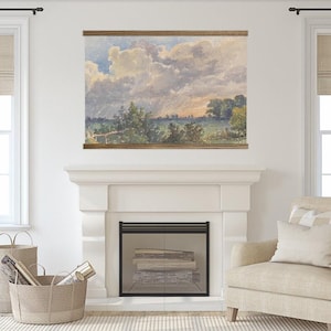 Pintura de acuarela grande - Arte mural de paisaje neutro grande con acuarela de rancho