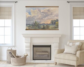 Großes Aquarell Gemälde - Ranch Aquarell große neutrale Landschaft Wandkunst - XL