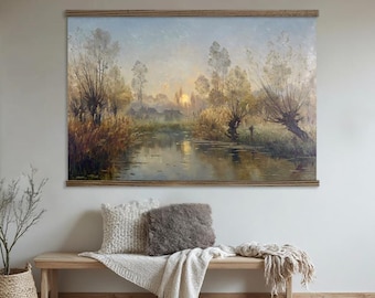 Large Vintage Painting Wall Art - Warm Earthy Neutral Colors - Evening Pond - XL