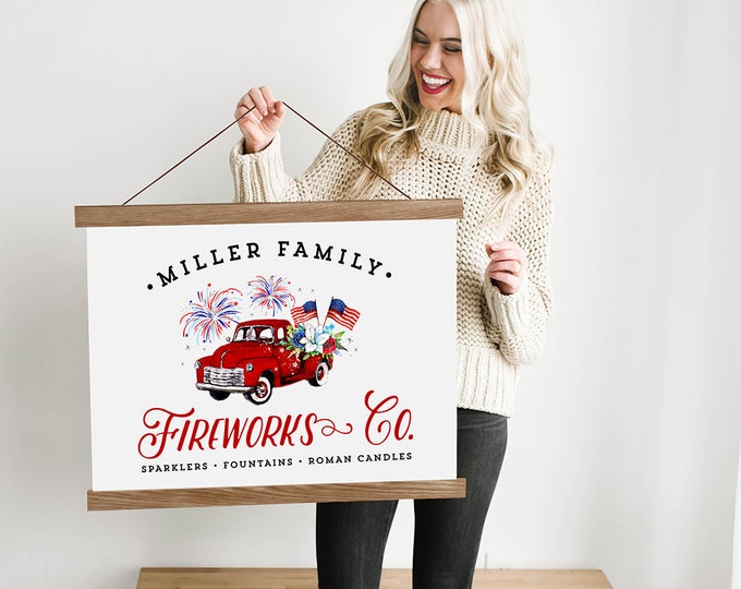 Custom 4th of July Holiday Truck Sign with Family Name - Canvas & Wood Hanging Frame- July 4th Wall Decor