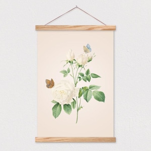 Poster Hanger-White Rose with Butterflies Vintage Botanical Drawing Canvas Print with Wood Simple Frame- Botanical Print