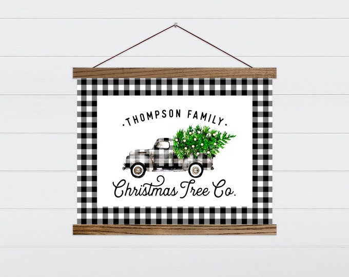 Custom Christmas Tree Company Farmhouse Sign - Black and White Checkered Truck and Border