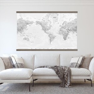 HUGE Map - Gray World Map Wall Art - Large Canvas Print and Wood Frame - XL