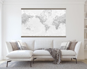 HUGE Map - Gray World Map Wall Art - Large Canvas Print and Wood Frame - XL