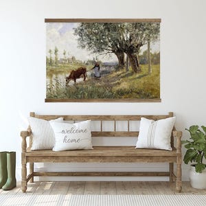 Bauernhaus Wanddekor - Kuh mit Milchmädchen Vintage Gemälde - Große Leinwand Wandbehang
