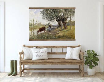 Farmhouse Wall Decor - Cow with Milkmaid Vintage Painting - Large Canvas Wall Hanging - XL
