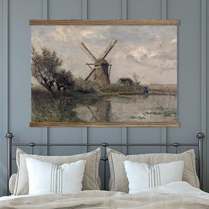 Dutch Decor - Bedroom Large Canvas Wall Art - Windmill Pond
