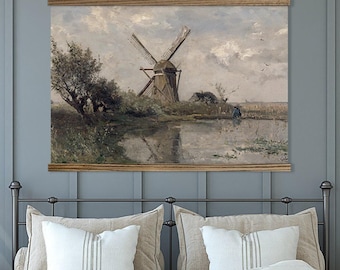 Dutch Decor - Bedroom Large Canvas Wall Art - Windmill Pond - XL
