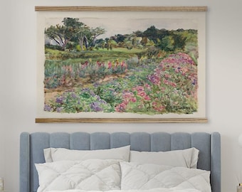 Vintage Wall Art Painting - Large Scroll Painting Canvas Print - Flower Garden in Bloom - XL