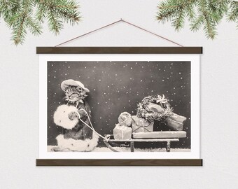 Vintage Christmas Cat Photo from 1914 - Printed on Canvas with Frame ART