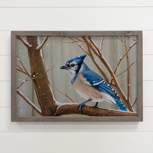 Blue Jay Bird in Snow - Wildlife Canvas Art - Wood Framed