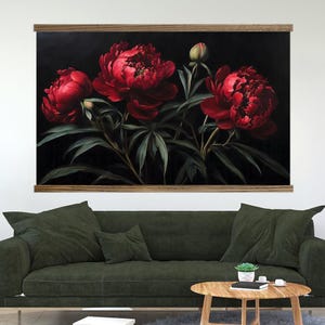 Dark Moody Wall Art - Dark Red Peonies Tapestry Wall Art - XL image 3