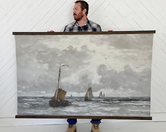 Extra Large Nautical Wall Art - Framed Canvas Tapestry - Fishing Boats Gray Painting - XL