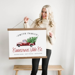 Custom Christmas Red and Black Truck Sign with Family Name - Canvas & Wood Hanging Frame