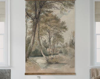 Vintage Tree Lined Stream - Big Nature Wall Painting - Extra Large Tree Canvas Art - XL
