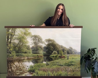 Farmgirl By the River - Extra Large Nature Wall Art - Big Canvas Art - Oversized Tapestry Landscape Painting - XL